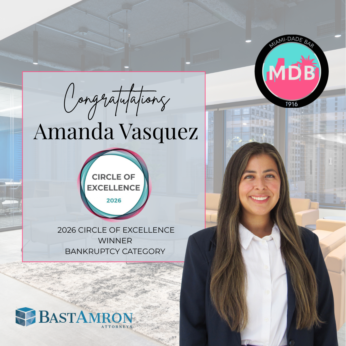 AMANDA VASQUEZ SELECTED FOR 2026 MIAMI-DADE BAR CIRCLE OF EXCELLENCE AWARD IN BANKRUPTCY CATEGORY